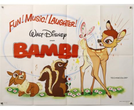 Walt Disneys Bambi (R-1970s) British Quad film poster, folded, 30 x 40 inches. Provenance: From The Michael Armstrong Cinema 