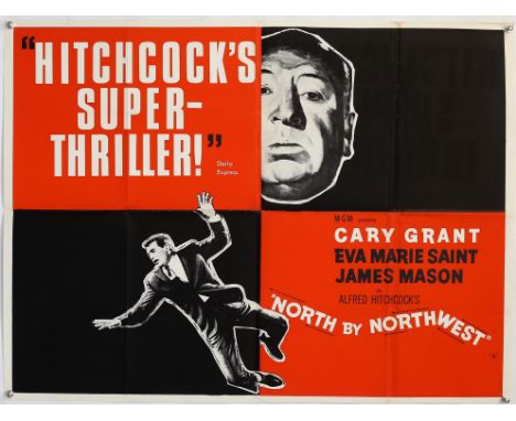 Alfred Hitchcocks North by Northwest (1960s) British Quad film poster, starring Cary Grant, folded, 30 x 40 inches. Provenanc