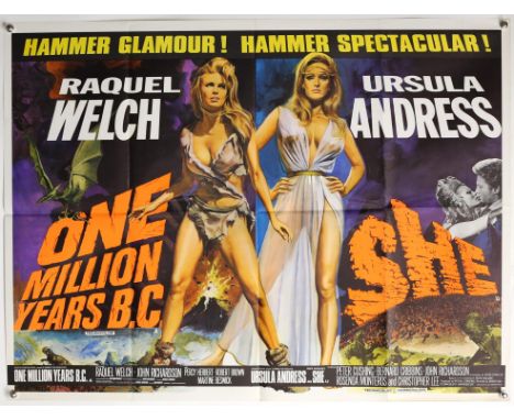 One Million Years B.C./She (1966) British Quad Double Bill film poster, artwork by Tom Chantrell, starring Raquel Welch & Urs