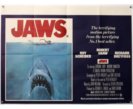 Jaws (1975) British Quad film poster, directed by Steven Spielberg, artwork by Roger Kastel, folded, 30 x 40 inches. Provenan