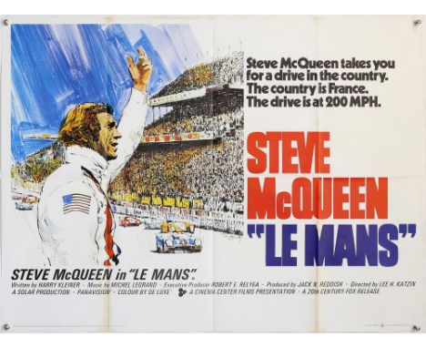 Le Mans (1971) British Quad film poster, Classic motor racing movie starring Steve McQueen, with artwork by Tom Jung, folded,