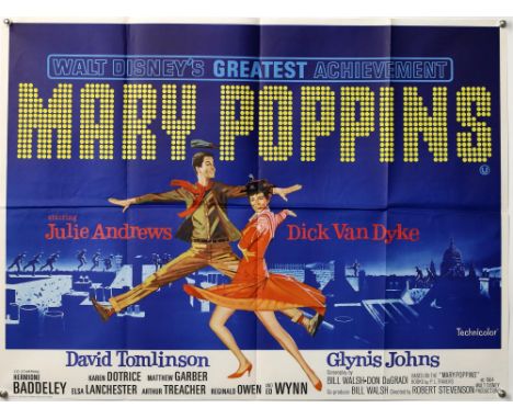 Walt Disneys Mary Poppins (R-1970s) British Quad film poster, starring Julie Andrews, folded, 30 x 40 inches. Provenance: Fro