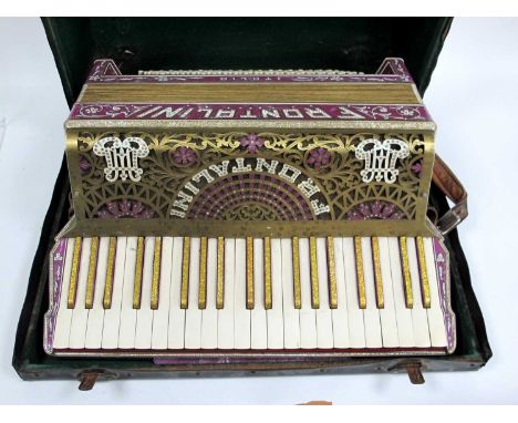 A Frontalini Piano Accordion, with purple lacquered body with flower decoration, gold coloured keys, cased.