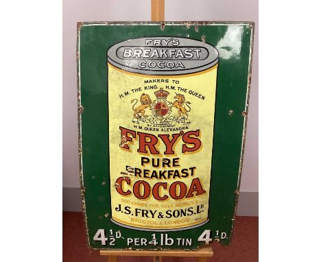 An Original Enamel Sign 'Fry's Breakfast Cocoa', showing a tin against a green background, 92 x 61cm.