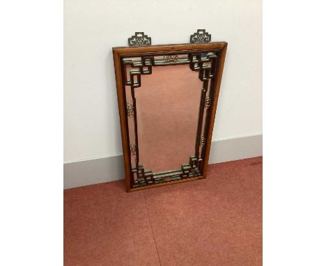 A Chinese Hardwood Rectangular Shaped Wall Mirror, the inner border with interlaced and geometric decoration, 39cm high.