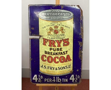 An Original Enamel Sign 'Fry's Breakfast Cocoa', showing a tin against a dark blue background, 92 x 61cm.