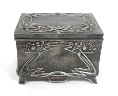 A Moritz Hacker Art Nouveau Pewter Trinket Box, of footed rectangular form with hinged lid, cast with sinuous flowing flowers
