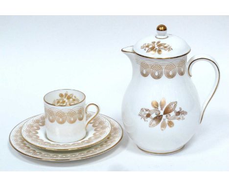 Eric Ravilious for Wedgwood Porcelain 'Golden Persephone' Pattern, milk jug and cover, side plate, coffee can and saucer, thi