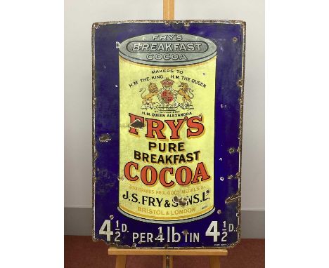 An Original Enamel Sign 'Fry's Breakfast Cocoa', showing a tin against a dark blue background, 92 x 61cm.