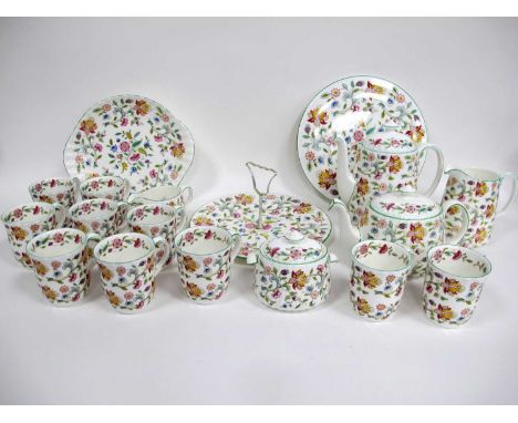 A Minton 'Haddon Hall' Pattern Porcelain Part Tea/Coffee Service, printed marks, comprising; cake plate, cake dish, cake stan
