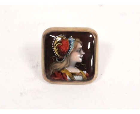 An Art Nouveau Enamel Brooch, decorated with head and shoulders portrait of a young lady in medieval costume, brown backgroun