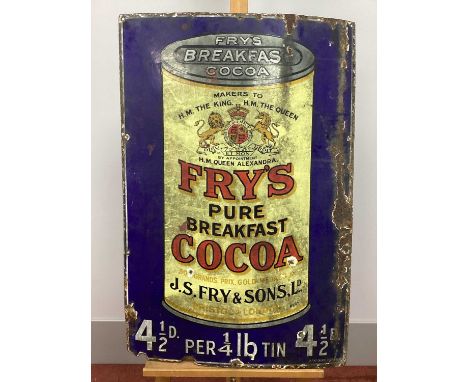 An Original Enamel Sign 'Fry's Breakfast Cocoa', showing a tin against a dark blue background, 92 x 61cm.