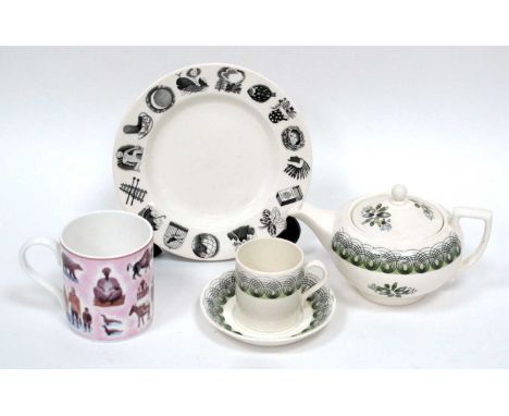 Eric Ravilious for Wedgwood 'Persephone' Pattern Pottery Coffee Can and Saucer, with spiral border in green and black, printe