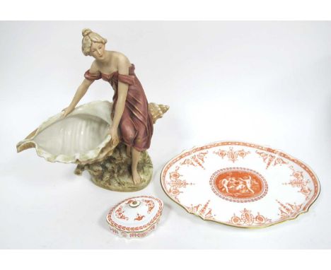 A Royal Dux Pottery Model of a Lady, seated upon a large shell, pink triangle mark, shape number 1776, 34cm high; Wedgwood Dr