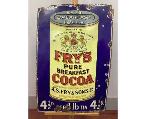 An Original Enamel Sign 'Fry's Breakfast Cocoa', showing a tin against a dark blue background, 92 x 61cm.
