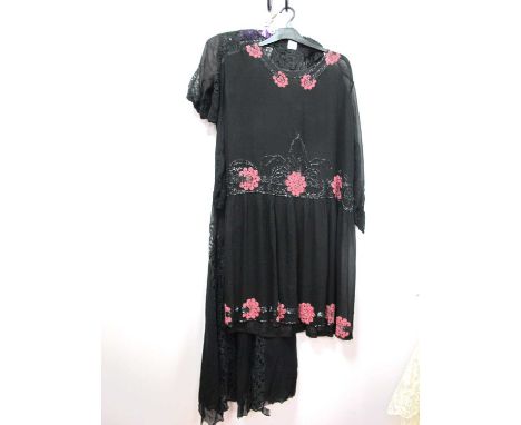 A 1920's Black Chiffon Cocktail Dress, with drop waist and long full sleeves, with rose pink and black bugle bead detail to n