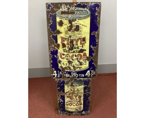 An Original Enamel Sign 'Fry's Breakfast Cocoa', showing a tin against a blue background, 91 x 62cm; Another, 60.5 x 45.5cm. 