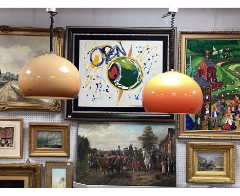 A 1960's/70's (Midcentury) Harvey Guzzini (Italy) Adjustable Hanging Ceiling Light Pendant, in yellow/orange, with chrome mou