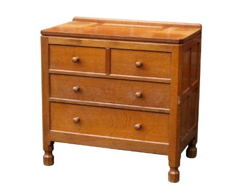 A Robert 'Mouseman' Thompson Oak Chest of Drawers, with low back and adzed top over two short and two long drawers, panelled 