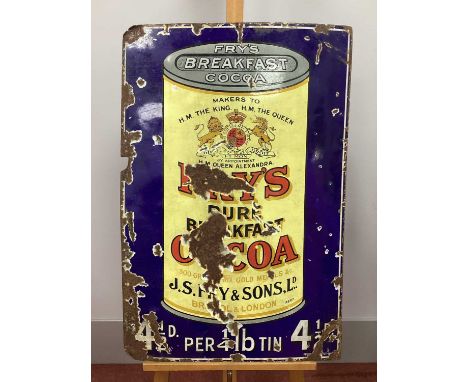 An Original Enamel Sign 'Fry's Breakfast Cocoa', showing a tin against a dark blue background, 92 x 61cm.