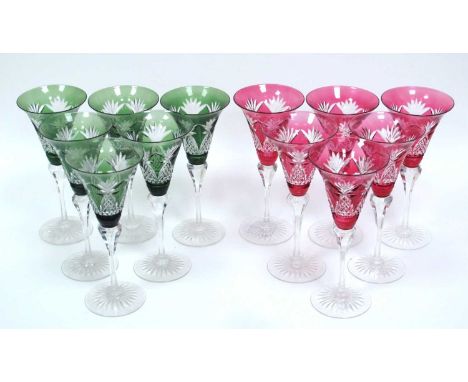 A Set of Six Cut Glass Wine Glasses, with ruby bowls on clear stems and a similarly cut set of six in green. (12)