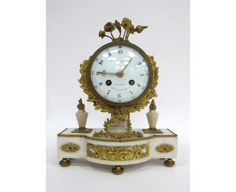 A Late XIX Century L. Leroy, Paris Mantle Clock, the gilt metal and white marble base applied with flowers and foliate motifs