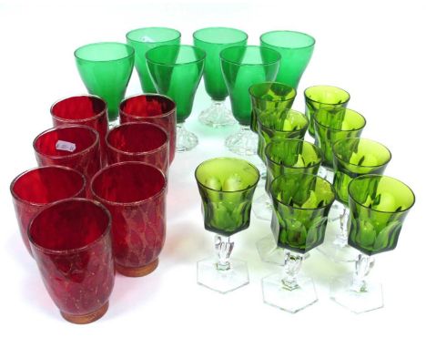 Seven Murano Style Ruby Glass Tumblers, gold flecked body on circular foot, six green glass sundae glasses and nine others. (