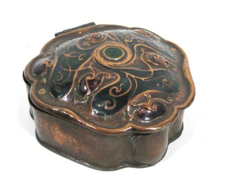 An Art Nouveau Copper Box and Hinged Cover, of shaped circular form decorated in green and red enamel with stylised design of