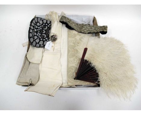 A Cream Ostrich Feather Fan, with tortoiseshell sticks, two pairs of elbow length cream kid evening gloves, two short pairs, 