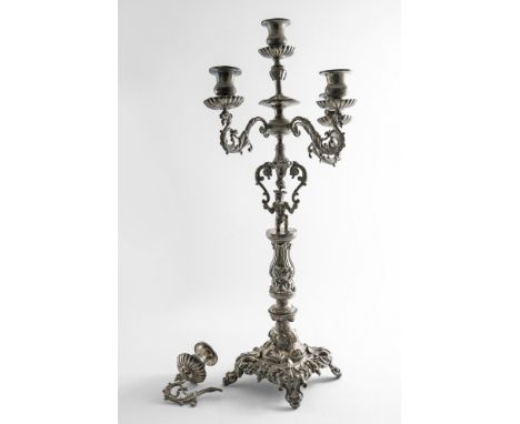 A PAIR OF 19TH CENTURY FIVE-LIGHT CANDELABRA  with cast lion mask &amp; scroll branches, the embossed columns on shaped squar
