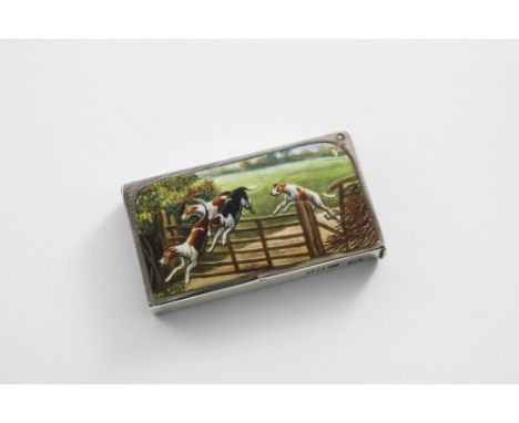 A LATE VICTORIAN SILVER VESTA CASE of plain rectangular form with a flip cover, enamelled on the front with foxhounds leaping