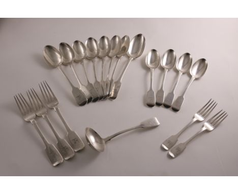 A COLLECTED PART-SET OF FIDDLE PATTERN FLATWARE TO INCLUDE:- A set of six table spoons &amp; two dessert spoons by the Goldsm