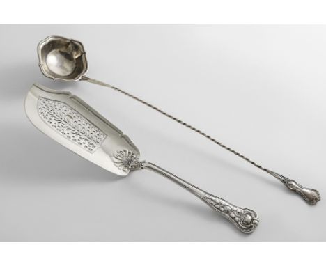A WILLIAM IV FISH SLICE with a pierced black and rose pattern stem, by Messrs. Lias, London 1831 and a Victorian punch ladle 