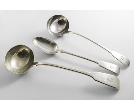 A WILLIAM IV SILVER FIDDLE PATTERN SOUP LADLE initialled, by William Eaton, London 1833, another similar silver soup ladle, i
