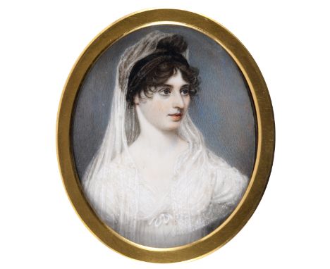 A GEORGE III MINIATURE PORTRAIT OF A LADY wearing white dress and a veil, on ivory, c.1810;  7 x 5.75 cms in later frame