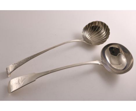 A GEORGE III IRISH HOOK-END SOUP LADLE with a chased upper stem, probably by William Ward, Dublin 1774 and a Fiddle pattern s