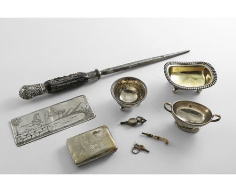 A SMALL MIXED LOT:- A George I rectangular snuff box, crested and inscribed "PERCIVAL" (with a later added steel striker alon