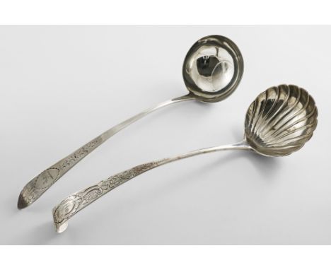 A GEORGE III IRISH BRIGHT-CUT SOUP LADLE with a tied ribbon on the terminal, crested, maker's mark defaced, Dublin 1793 and a