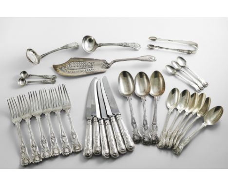 A QUANTITY OF ANTIQUE KING'S PATTERN FLATWARE (DIAMOND SHELL HEELS) TO INCLUDE:- Six table forks, three table spoons, a set o