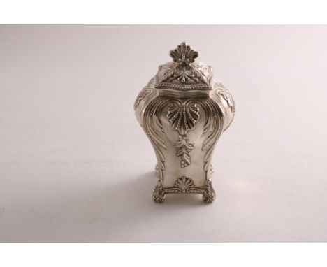 A VICTORIAN SILVER TEA CADDY  (a replica of a tea caddy style from the 1765 period) of bombe form with embossed decoration, a