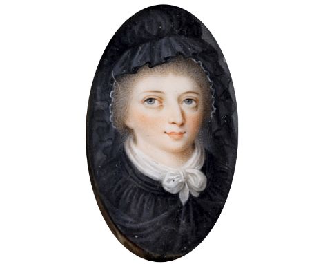 FRENCH SCHOOL c.1800 Miniature portrait of a young lady wearing black bonnet and dress;  3 x 1.75 cms