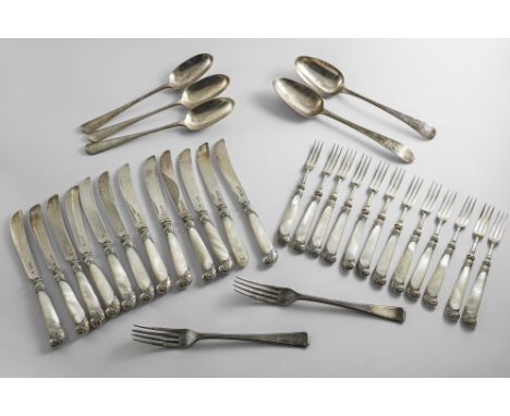 A LATE VICTORIAN / EDWARDIAN CASED SET OF TWELVE PAIRS OF MOTHER OF PEARL-HANDLED DESSERT KNIVES AND FORKS (one knife lacking