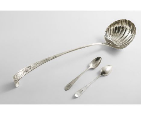 A GEORGE II IRISH HOOK-END SOUP LADLE with a fluted circular bowl and a chased upper stem, crested, by Michael Keating, Dubli