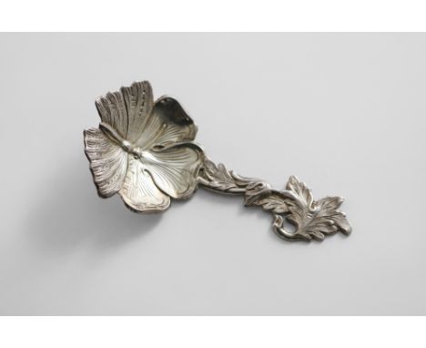 A RARE VICTORIAN NATURALISTIC CADDY SPOON with a leafy stem, the bowl formed as a butterfly alighting on a flowerhead, by Hil