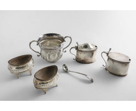 A MIXED LOT:- A late Victorian porringer engraved with a coat of arms, a condiment ladle, crested, a pair of George III salts