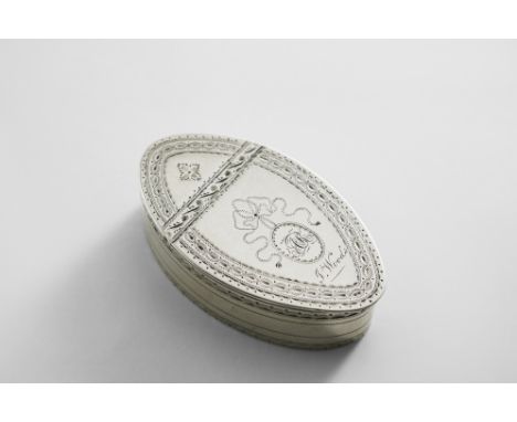 A GEORGE III IRISH BRIGHT-ENGRAVED SNUFF BOX navette-shaped, with pricked borders, the cartouche with script initials "AR" ab