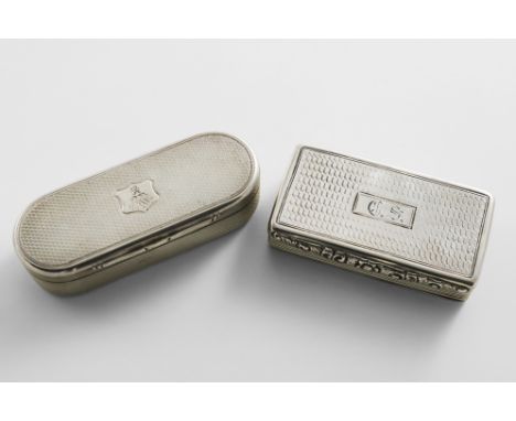 A VICTORIAN SILVER ENGINE-TURNED SNUFF BOX with rounded ends, the cartouche with an engraved crest &amp; cypher, C. Rawlings 
