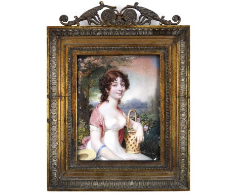 FRENCH SCHOOL EARLY 19TH CENTURY Miniature portrait of a young lady seated, wearing a shawl and holding a basket of flowers; 