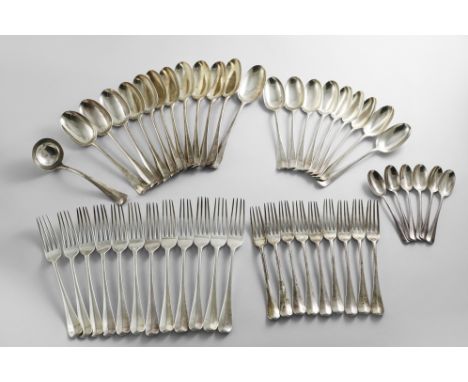 AN EDWARDIAN PART-CANTEEN OF HANOVERIAN PATTERN FLATWARE TO INCLUDE:- Twelve table spoons, twelve table forks, nine dessert s