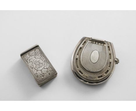 A VICTORIAN SILVER HORSESHOE-SHAPED VESTA CASE &amp; SLOW MATCH HOLDER COMBINED with engine-turned decoration and a knurled w